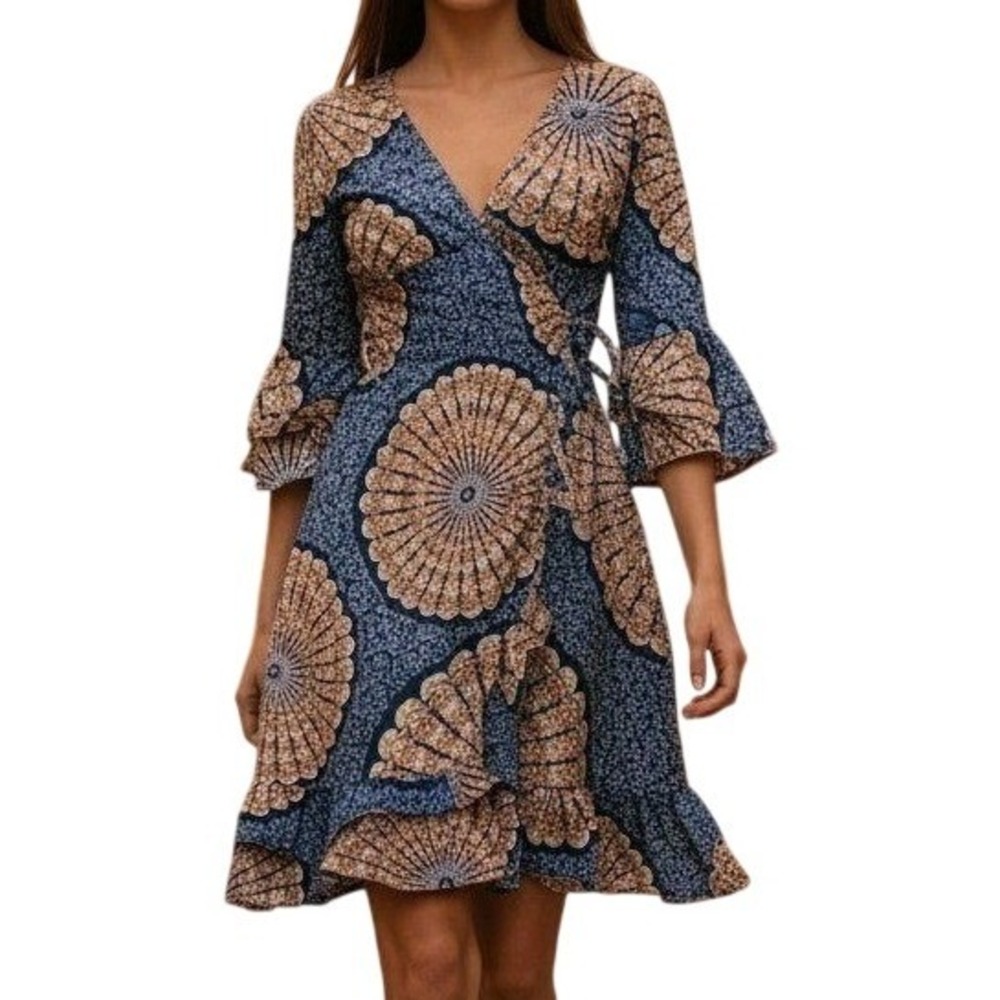 Mango Blue Medallion‎ Boho Wrap Midi Dress Bell Sleeve Women's M